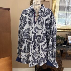 VIA UOMO Navy and White Paisley Button Down Long Sleeve Shirt 3XL/4XL